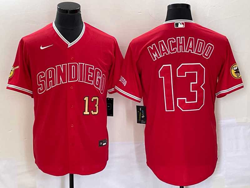 Men%27s San Diego Padres #13 Manny Machado Number Red NEW 2023 Cool Base Stitched Jersey